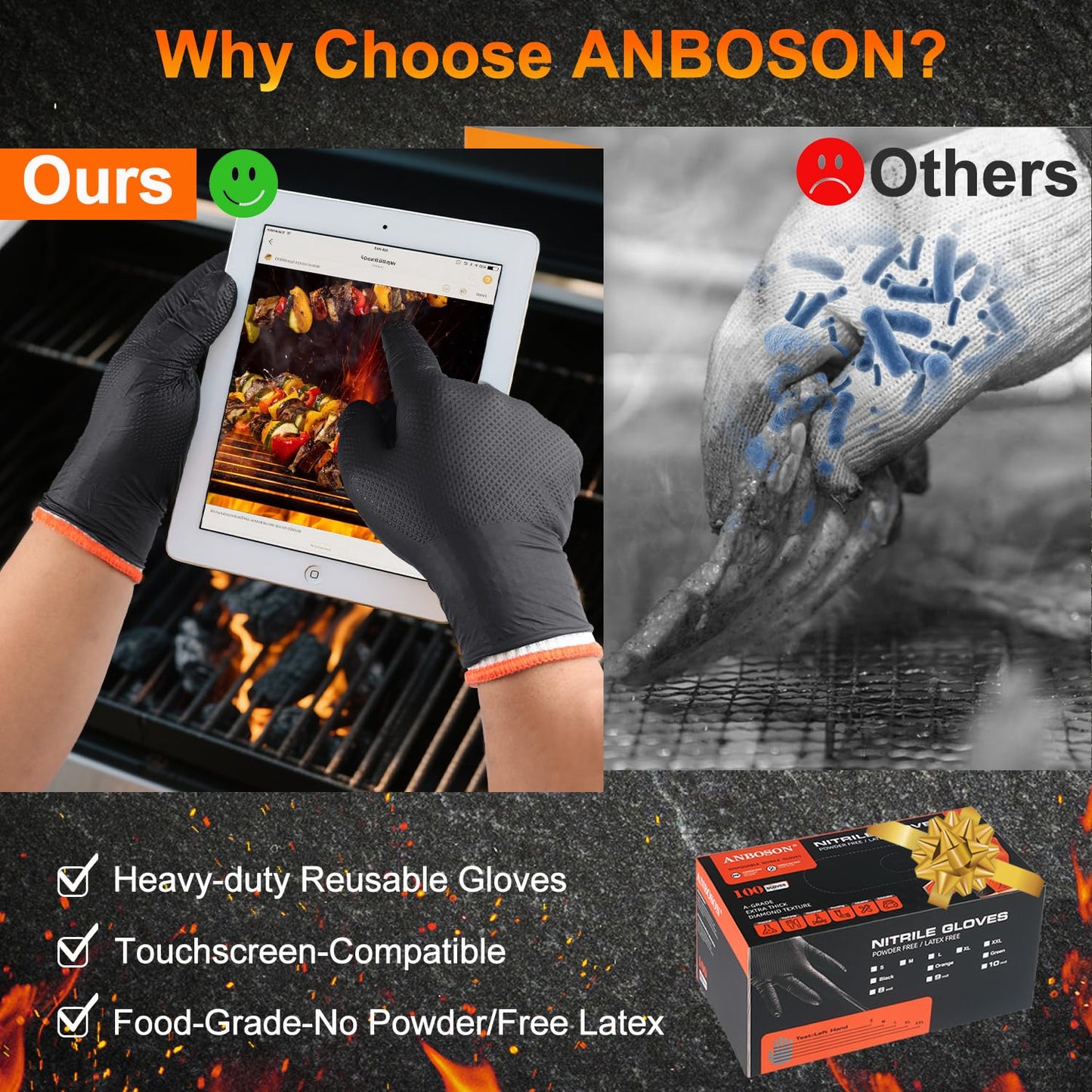 ANBOSON BBQ Gloves for Grilling Disposable Heat Resistant - 100 Nitrile Gloves + 4 Reusable Cotton Liners for Barbecue Smoker, Cooking Hot Meat - 10Mil Thick, Non-Slip Grip - Black Large