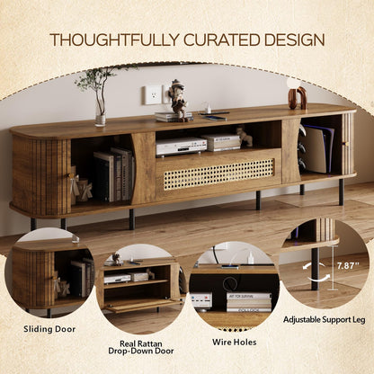 basenji Fully Assembled 71" Mid Century Modern TV Stand with Power Outlet and Sliding Doors, Rattan Entertainment Center with Storage, Wood Media Console,TV Consoles for Living Room,Walnut