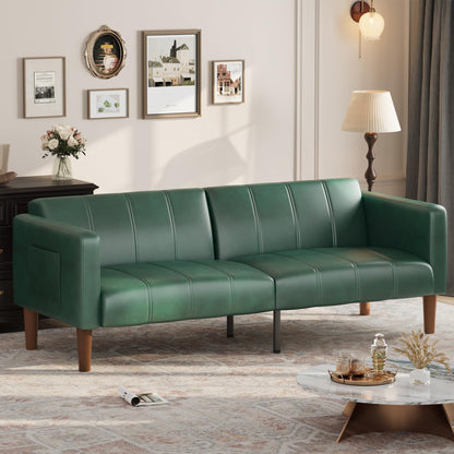 GarveeHome Futon Sofa Bed, 75-Inch Modern Faux Leather Convertible Couch, Mid-Century Loveseat for Small Space, Living Room, Bedroom, Green