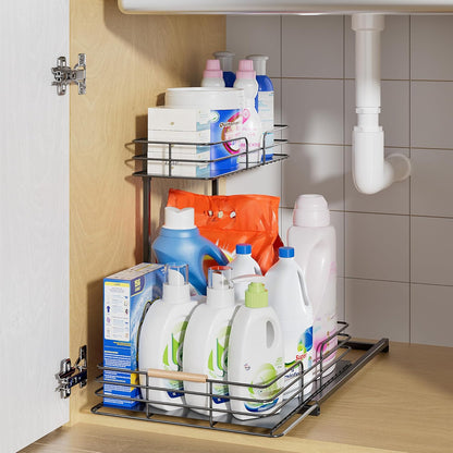 LAMU Under Sink Organizers and Storage, 2 Tier Bathroom Kitchen Cabinet Organizers, Pull Out Under Sink Storage Kitchen Shelf Organizer for Under Counter Storage