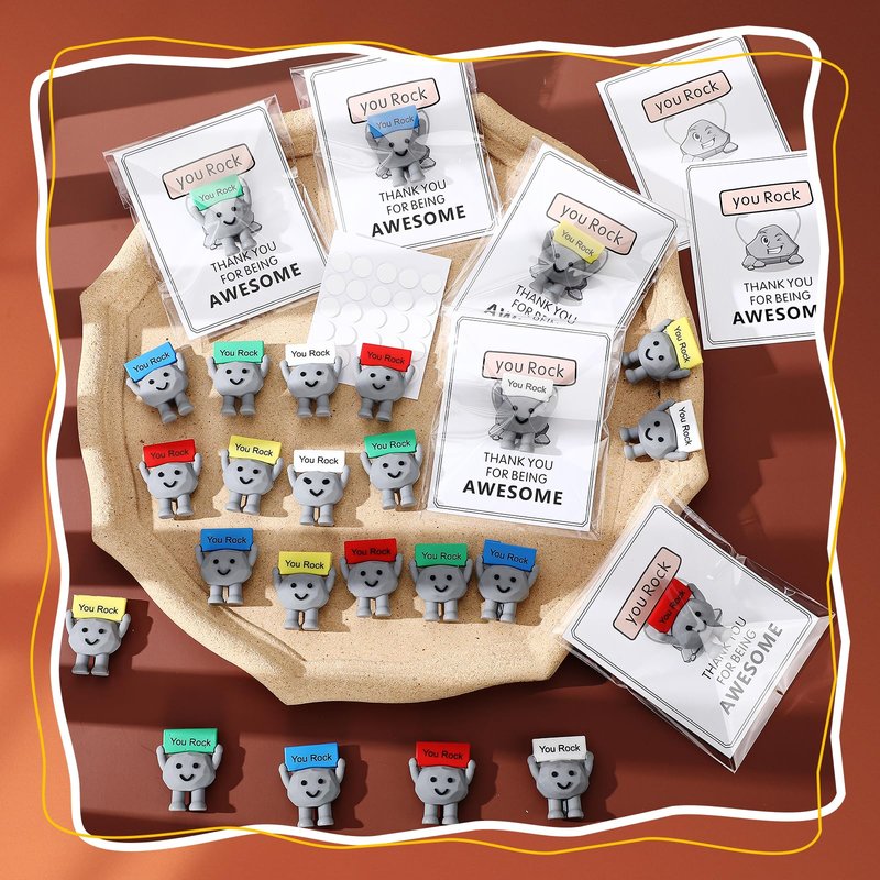 Gejoy 25 Sets Positive Mini Figurines Gifts Miniature Emotional Mini Rubber Toy with Positive Card Gift Bags Inspirational Birthday Gifts for Coworkers Employees (Rock)