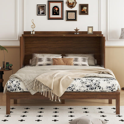 KEIKI Queen Size Murphy Bed Cabinet with Power Station & Large Drawer, Pine Wood Folding Chest Bed with Rattan Panel, Space-Saving Wall Bed, Walnut
