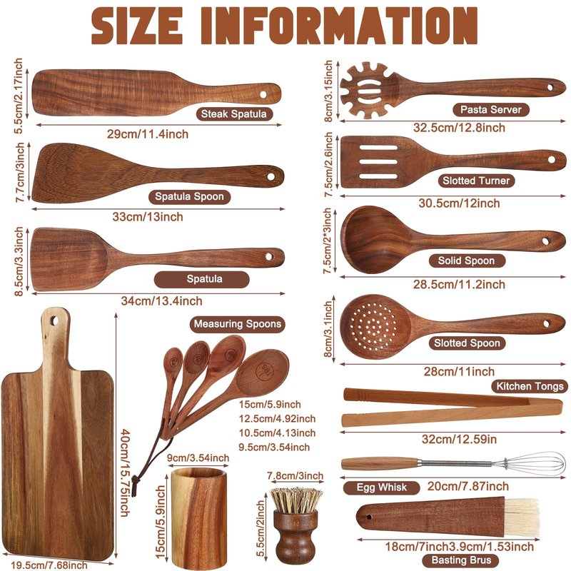 Briwooody 18 Pc Wooden Kitchen Utensils Set with Holder, Cutting Board, Spatulas, Spoons, Tong, Whisk & Accessories