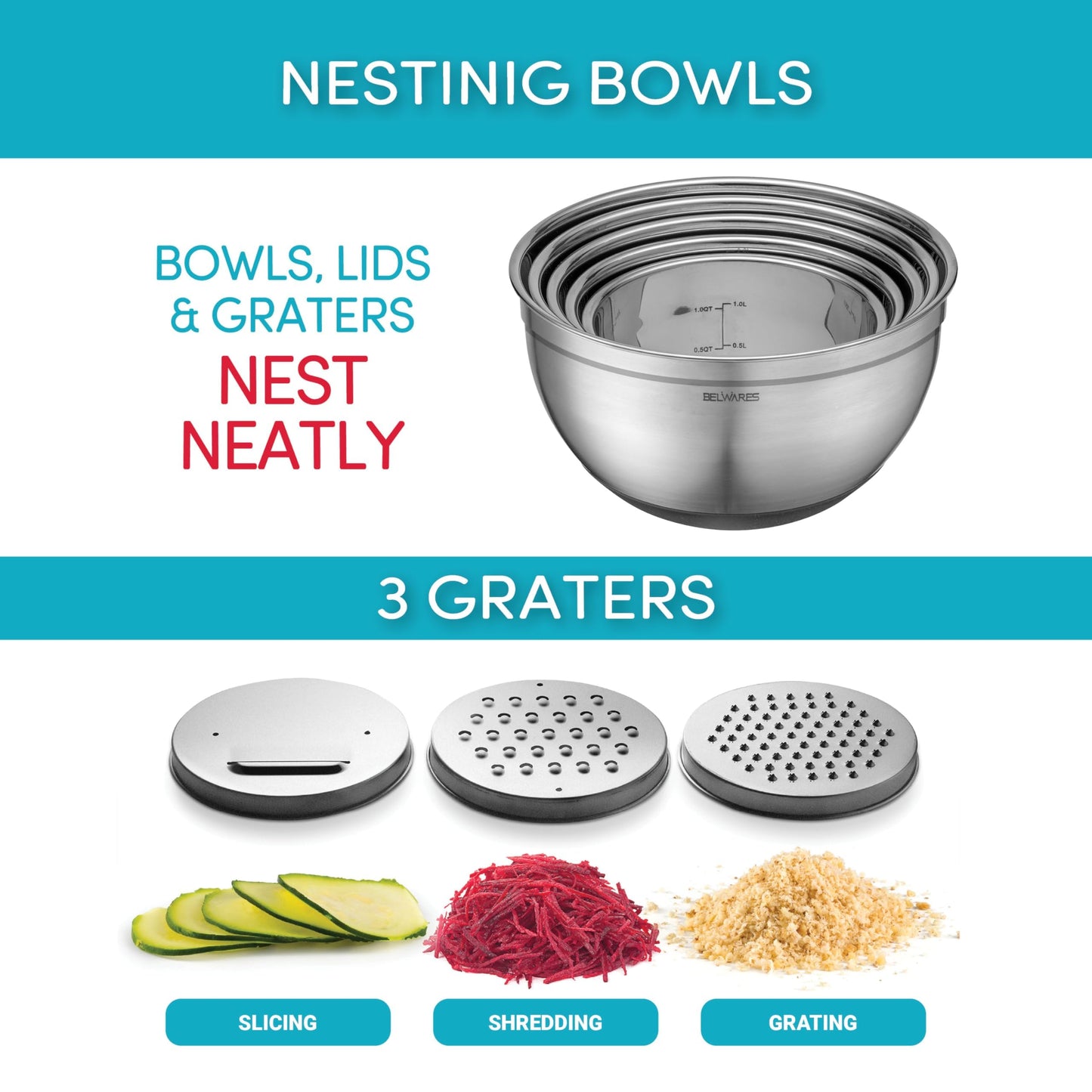 Belwares Mixing Bowls with Lids Set of 5 - Stainless Steel Mixing Bowl Set, Kitchen Nesting Metal Bowls with Non Slip Bottoms + 3 Grater Attachments, Airtight Lids, Food Prep + Storage, Matte Black