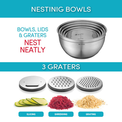 Belwares Mixing Bowls with Lids Set of 5 - Stainless Steel Mixing Bowl Set, Kitchen Nesting Metal Bowls with Non Slip Bottoms + 3 Grater Attachments, Airtight Lids, Food Prep + Storage, Matte Black