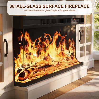 MXV 80" Fireplace TV Stand, 3-Sided Glass Fireplace and Modern Entertainment Center, Wooden Media Console with Glass Doors & Storage Drawers, LED Light, for Living Room, White