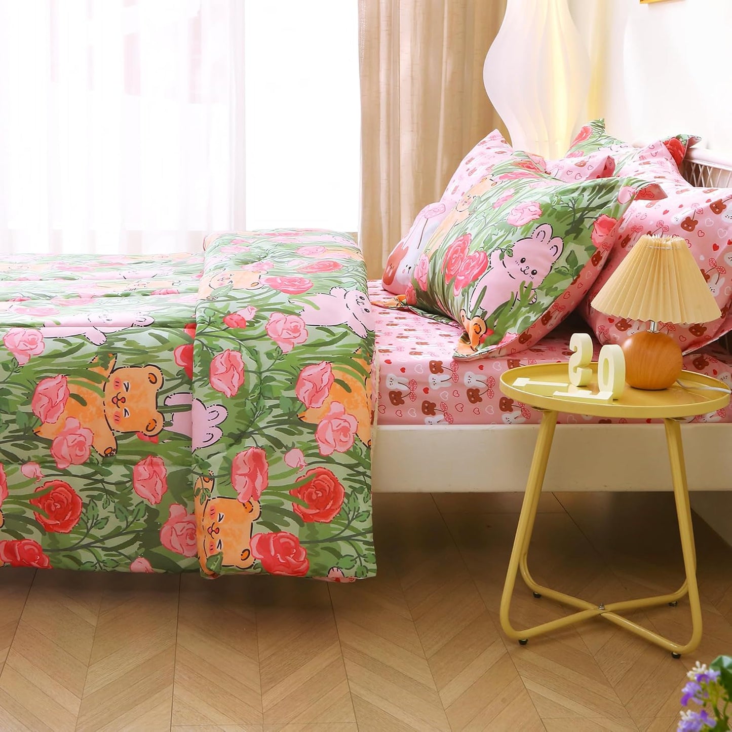 Sets 6 Set Set Mooreeke Twin Size Comforter for Girls Kids, Pieces Bed in a Bag Garden Cute Rabbit Floral Bedding