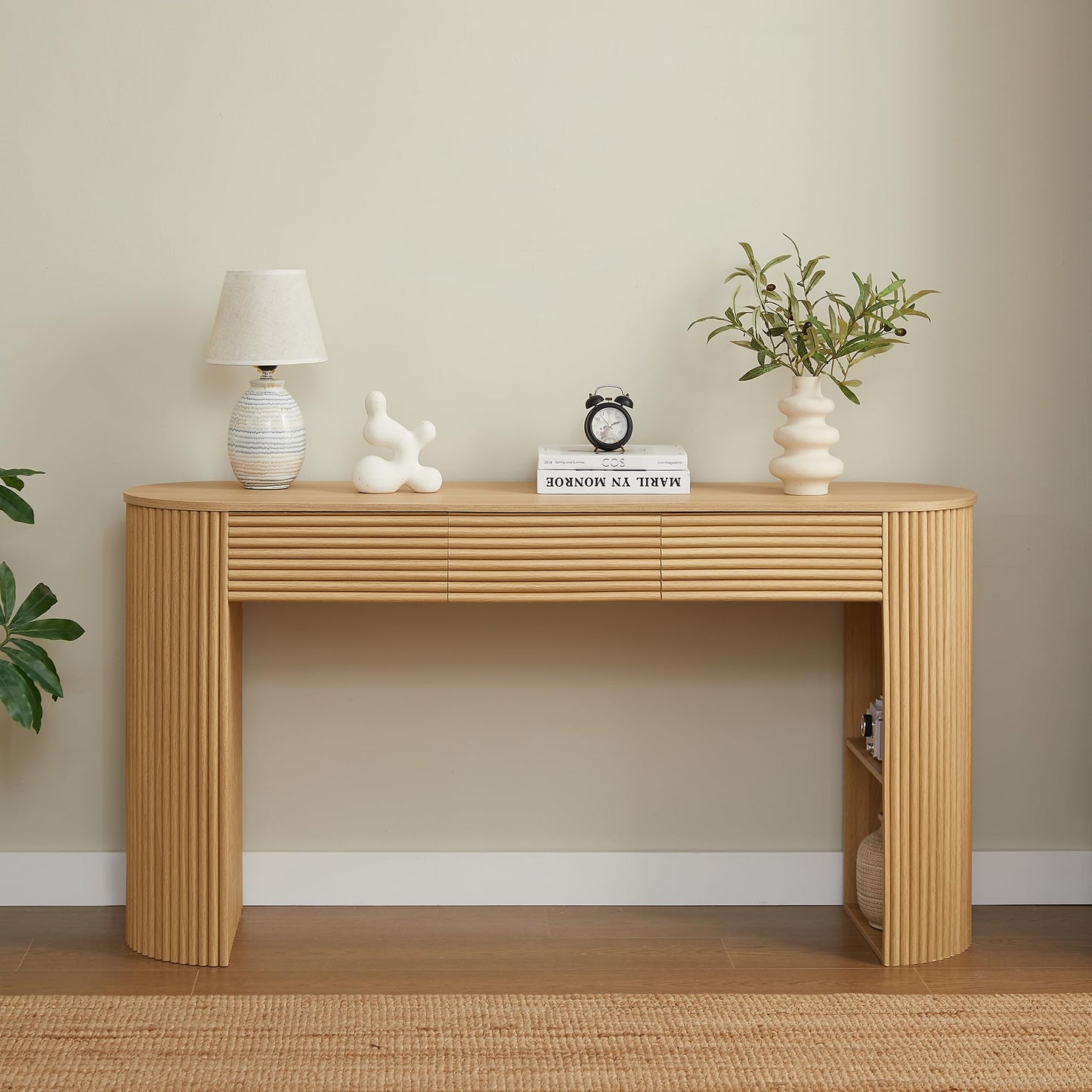 Christopher Knight Home Sara MDF Console Table With Storage, Narrow Entryway Table With 3 Drawers & Table-Leg Niche, Retro Couch Table, Round Slat Aesthetic Sofa Table For Living Room Hallway, Natural
