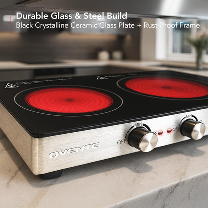 OVENTE Infrared Ceramic Double Burner, 1800W Electric Countertop Hot Plate with Black Crystalline Glass, Portable Stainless Steel Cooktop for Home, Office, or Dorm Use, Black BGI302GB