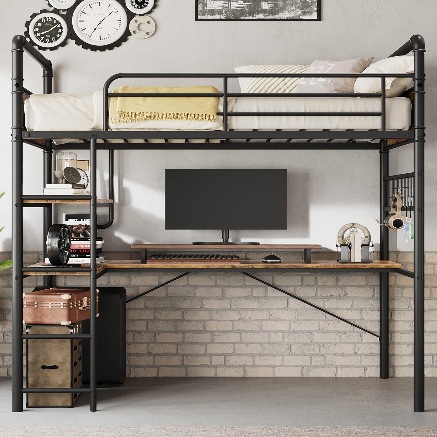GarveeHome Loft Bunk Bed with L-Shaped Desk, Twin Loft Bed with Desk Underneath, Metal Bunk Beds with High Guardrail and Ladder for Kids/Teens/Adults, Easy Assembly, Vintage Brown