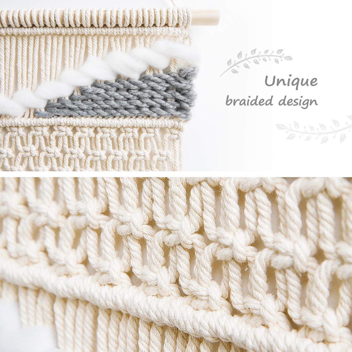 Mkono Macrame Wall Hanging Woven Boho Decor Gray Yarn Fringe Tassel Handmade Home Decoration for Bedroom Living Room Dorm Nursery Apartment, 12''W x 24.5''L