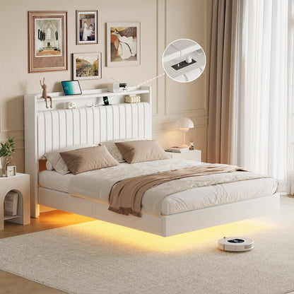 GarveeLife 50'' Tall Queen Floating Bed with LED Lights & Charging Station, PU Leather Bed Frame with Storage Headboard, Kick-Free, Noise-Free, Easy Assembly, No Box Spring Needed, White