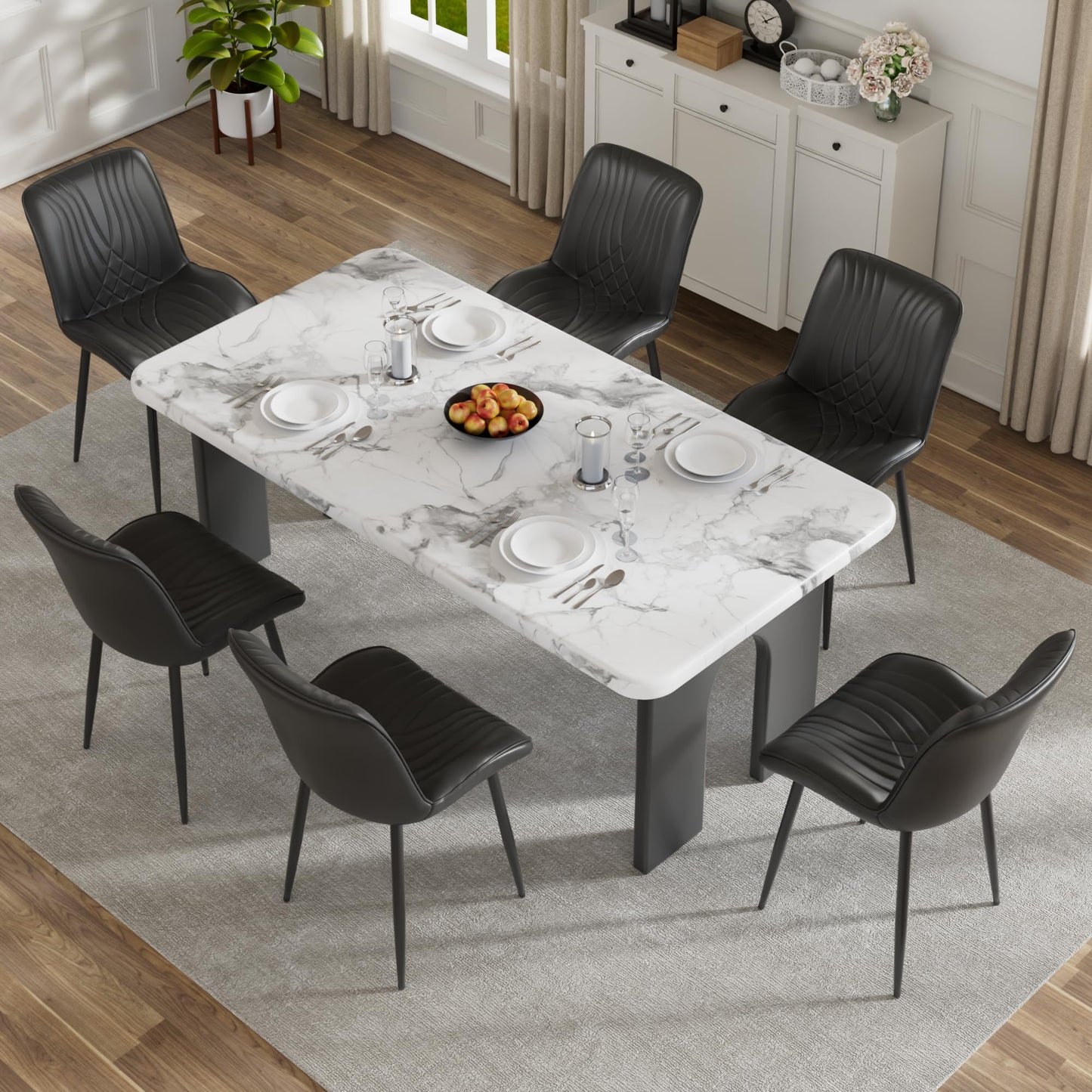 VECELO Dining Chairs Set of 6, Modern Upholstered Faux Leather Cushion Seat and Metal Legs for Kitchen, Living Room, Black
