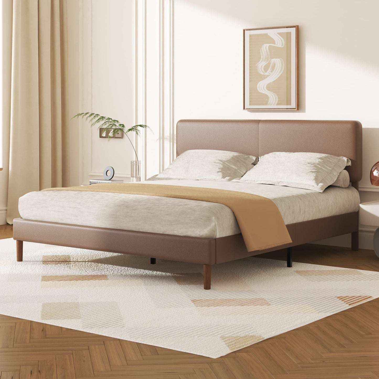 Mxhtcewz King Bed Frame with Adjustable Headboard, Faux Leather Upholstered Platform Bed Frame, No Box Spring Needed, Noise-Free, Easy Assembly, Brown