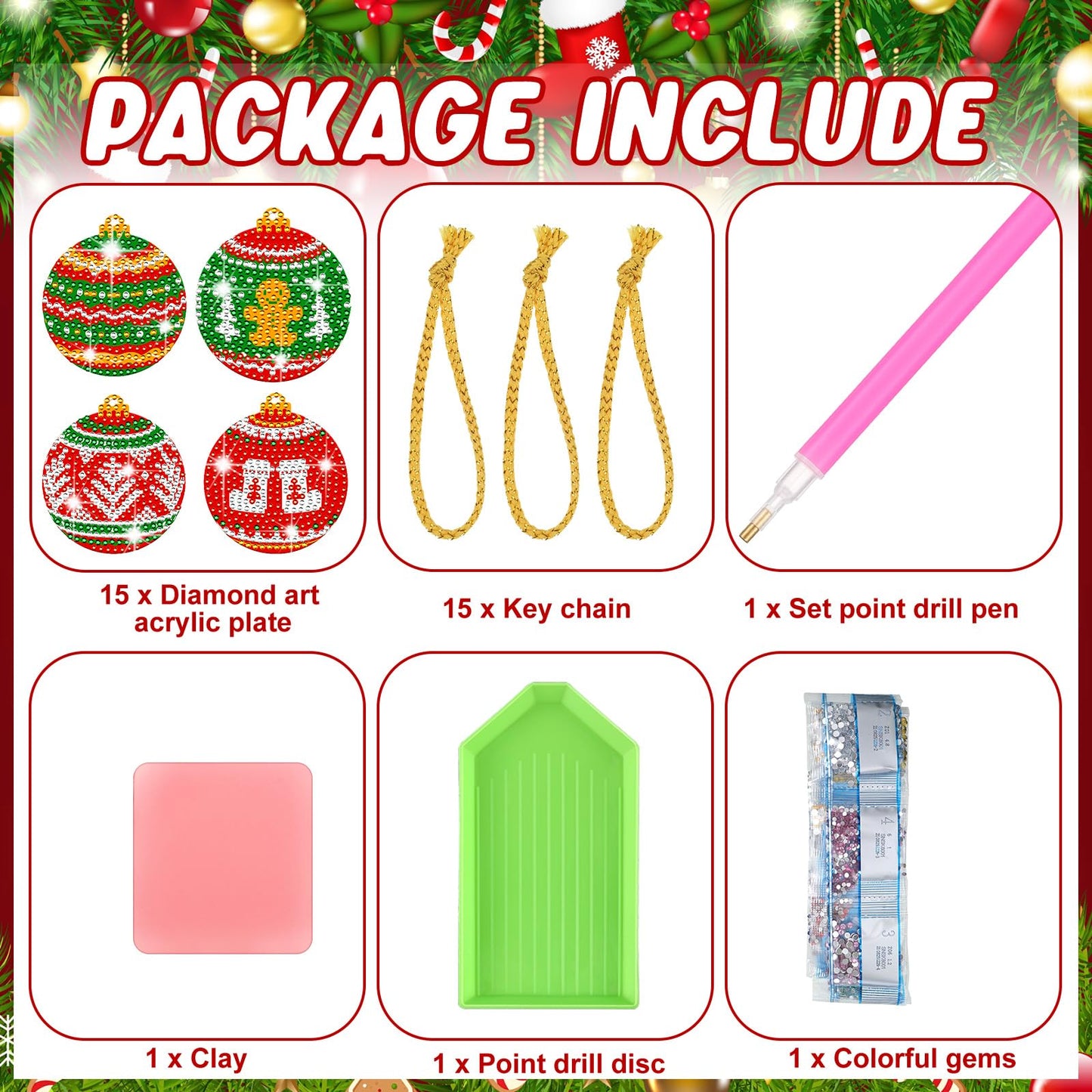 Yuntau 20 Pcs Christmas Ball Diamond Art Ornaments Red Green Diamond Painting Keychain 5d Xmas Tree Hanging Ornaments DIY Christmas Kits for Adults Crafts Holiday Party Decor(Ball)