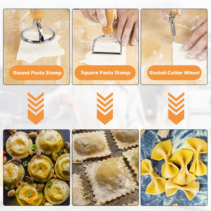3 Size Pasta Making Tools, 11Pcs Wooden Pasta Making Kit with 3 Size Threaded Rolling Pins, Long Rolling Pin, Rotatable Pasta Drying Rack, Gnocchi Board, Dough Cutter, Wheel Cutter, 2 Stamps