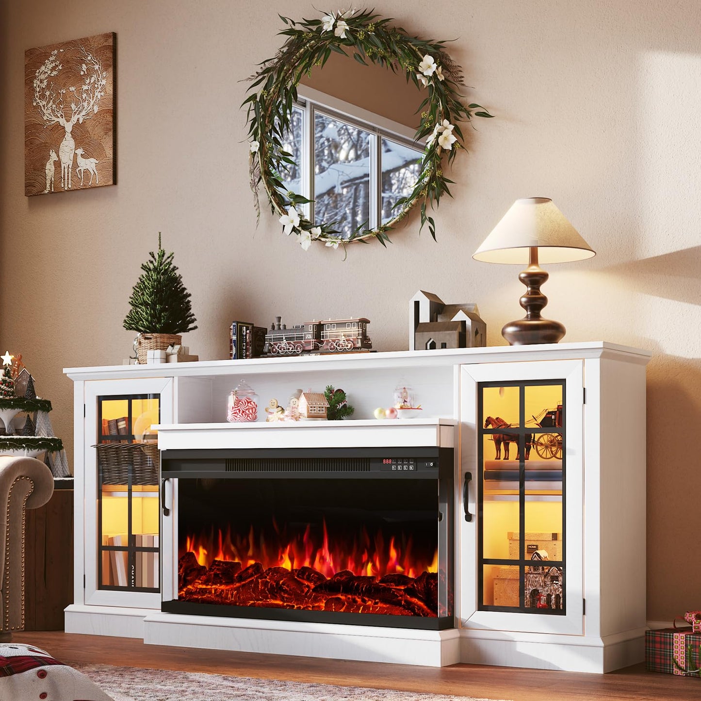 OneBlis 70 Inch Fireplace TV Stand for TVs up to 80", Rustic Media Entertainment Center Console Table with Glass Door Closed Storage, 3-Sided Glass Fireplace, White