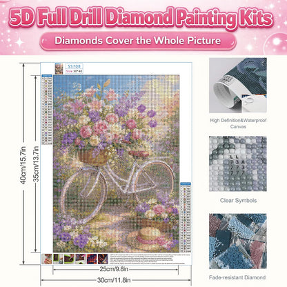 IOHEFY Flower Bicycle Diamond Painting 12 x 16 Inch Full Drill Acrylic Diamond Art Floral Garden Bike Basket Crystal Rhinestone Spring Flower Nano Pearlescent Canvas