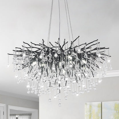 NIUZDU Chandeliers for Dining Room - 23.6" Modern Black Crystal Chandelier, Round Tree Branch Raindrop Chandelier, Foyer Chandeliers for Entryway, Living Room,Bedrooms,Bathroom(Bulb not Included)