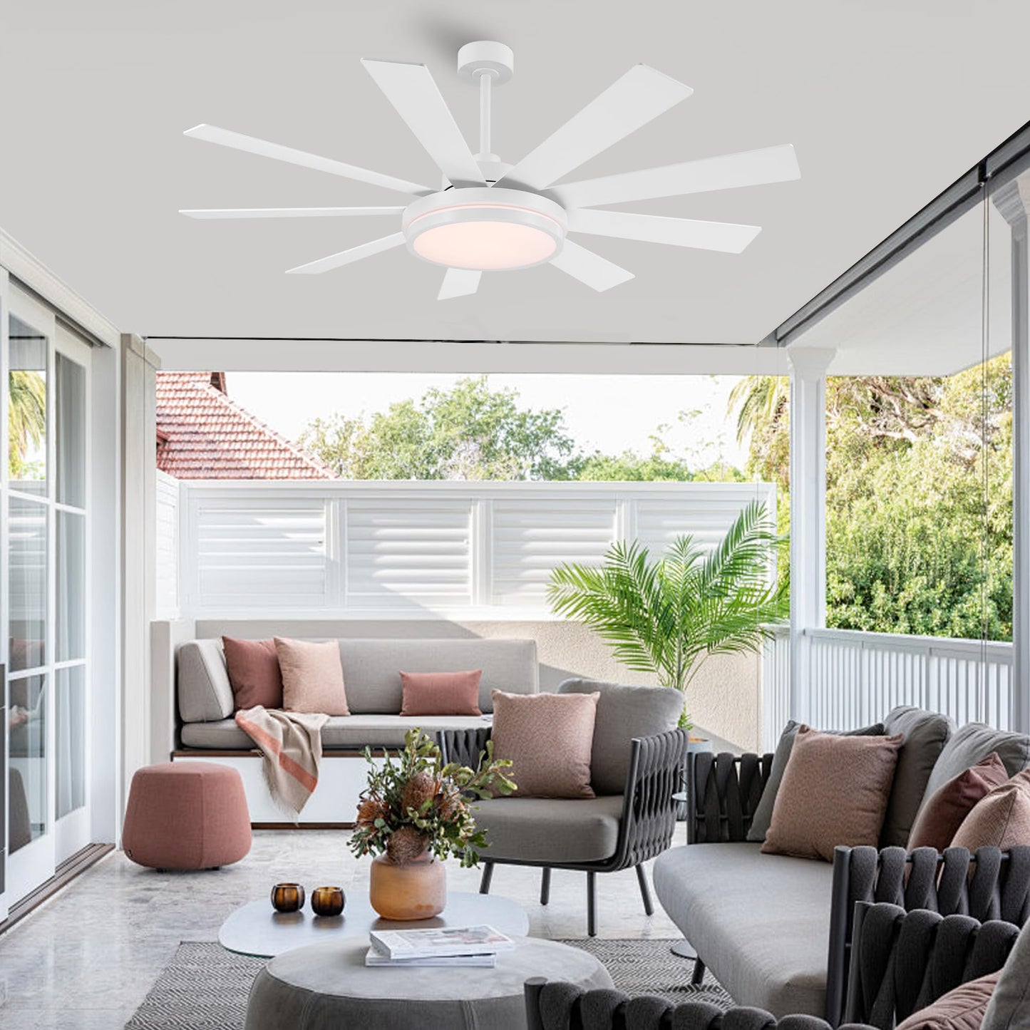 WINGBO 60" Ceiling Fan with Light - Large LED Dimmable Light, 6-Speed Remote Control, Reversible DC Motor, Modern Ceiling Fan 9 Blades for Bedroom, Living Room, Indoor Outdoor White and Oak