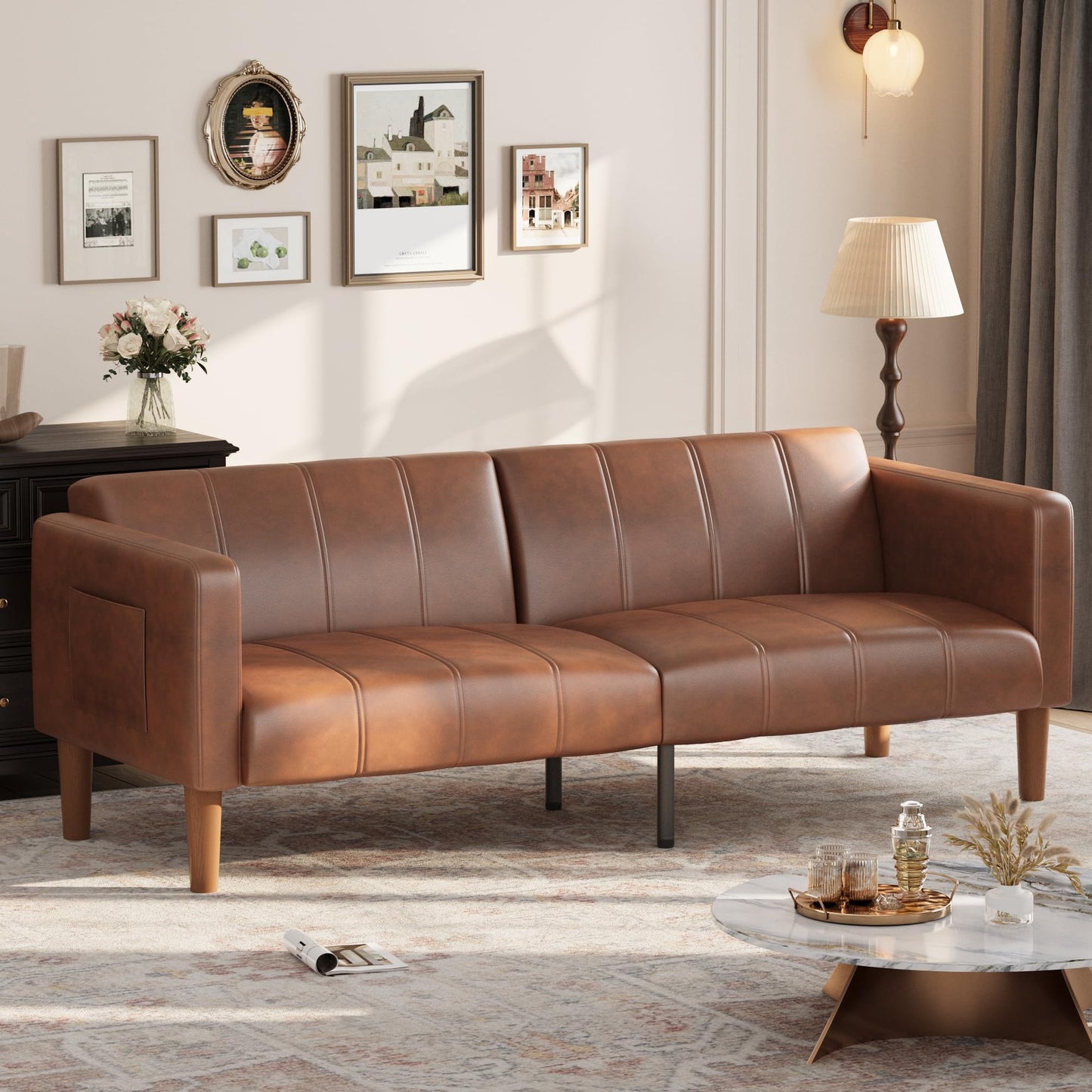 GarveeHome Futon Sofa Bed, 75-Inch Modern Faux Leather Convertible Couch, Mid-Century Loveseat for Small Space, Living Room, Bedroom, Brown