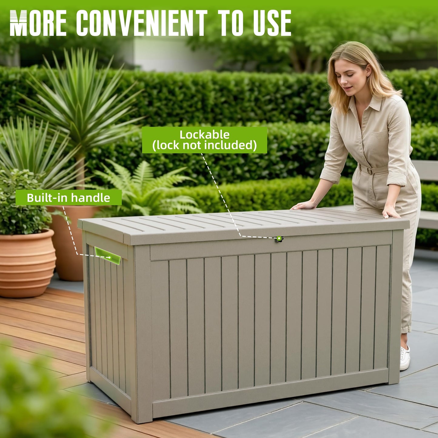 DRATO 280 Gallon Deck Boxes Outdoor Waterproof, Resin Large Lockable Storage Box with Lid, Outdoor Storage Bench Patio Cushions Furniture, Garden Tools, Pool Accessories (Grey, 280 Gallon)