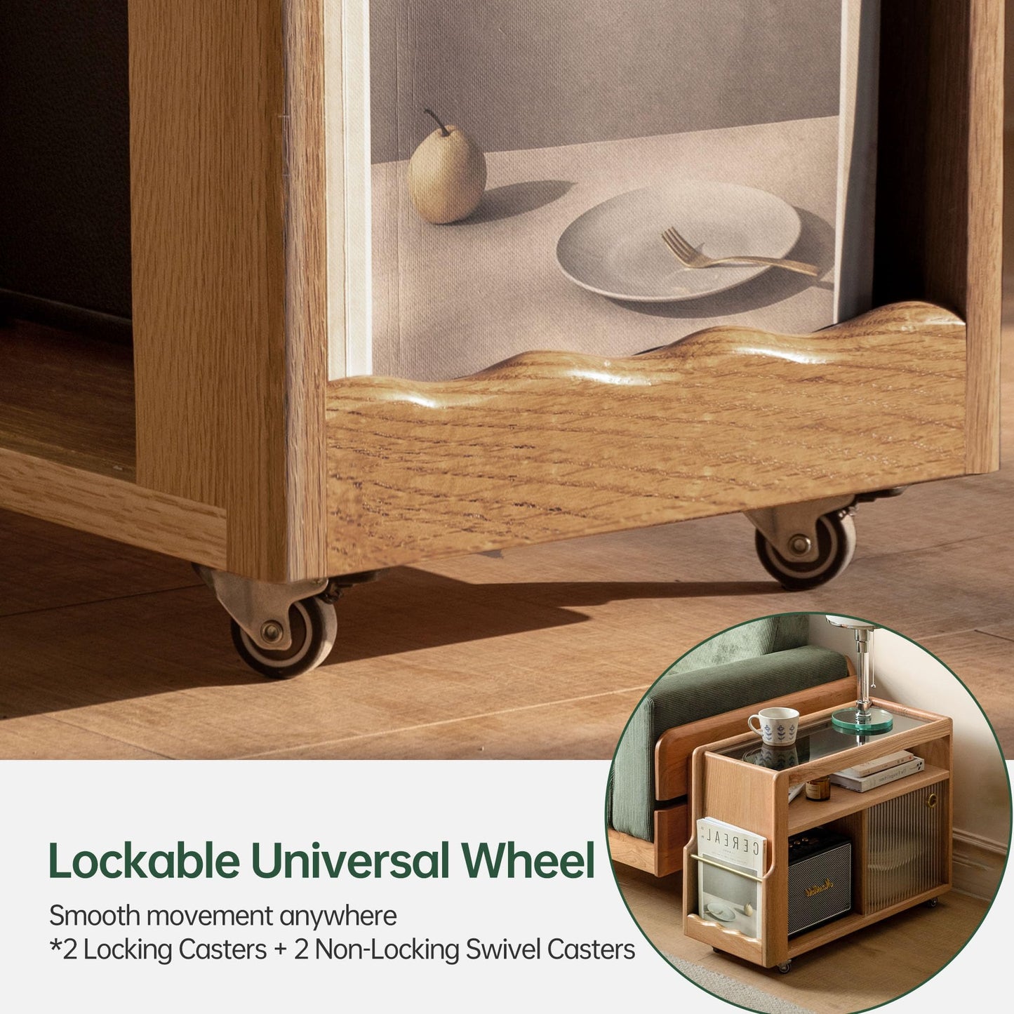 Wayshome Solid Wood Narrow Side Table with Storage, End Table with Magazine Rack & Glass Door Cabinet, Small Couch Side Table for Living Room, Slim Nightstand for Bedroom, No Assembly