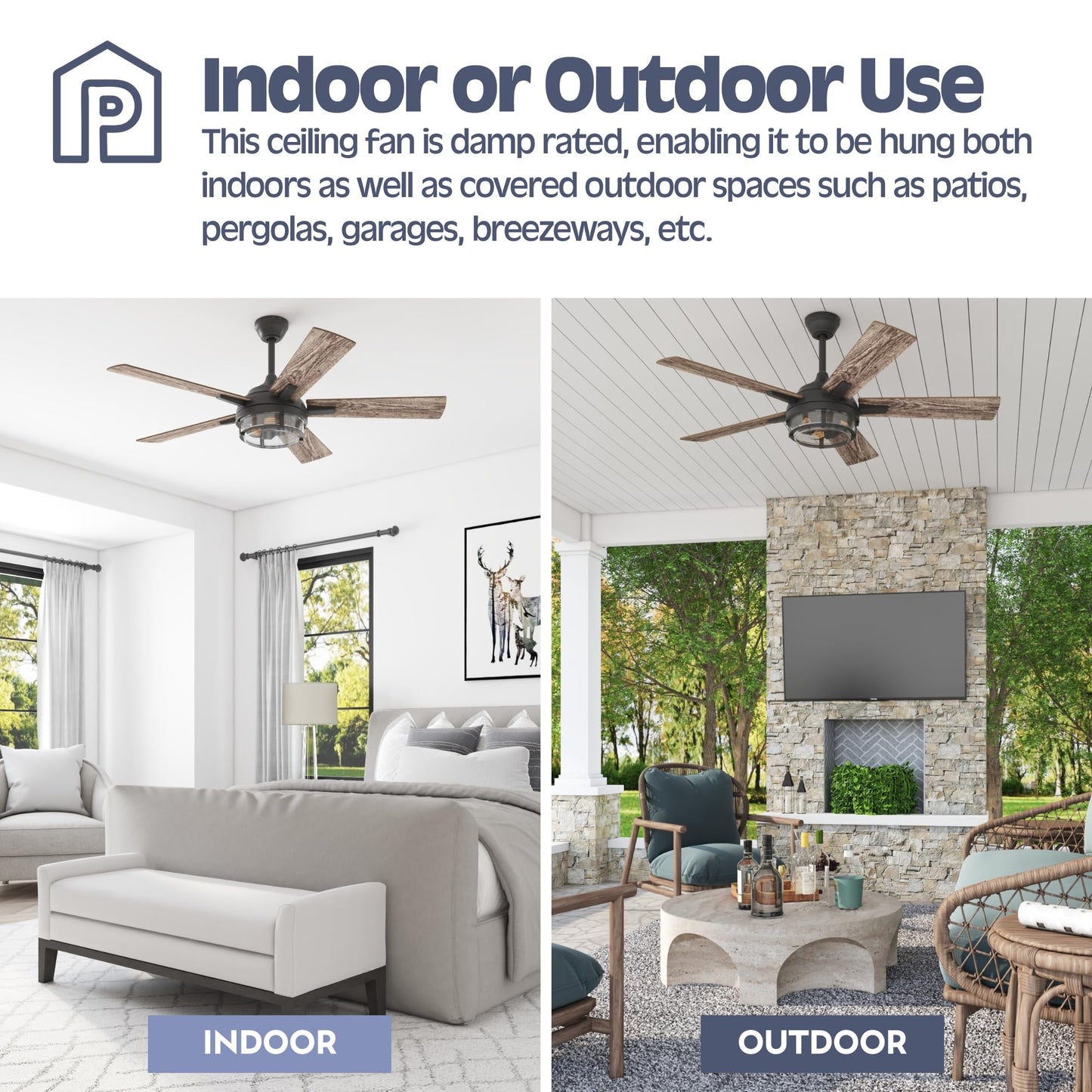 Prominence Home Freyr, 52 Inch Indoor Outdoor LED Ceiling Fan with Light, Remote Control, Dual Mounting Options, 5 Dual Finish Blades, Reversible Motor - 51484-01 (Textured Black)