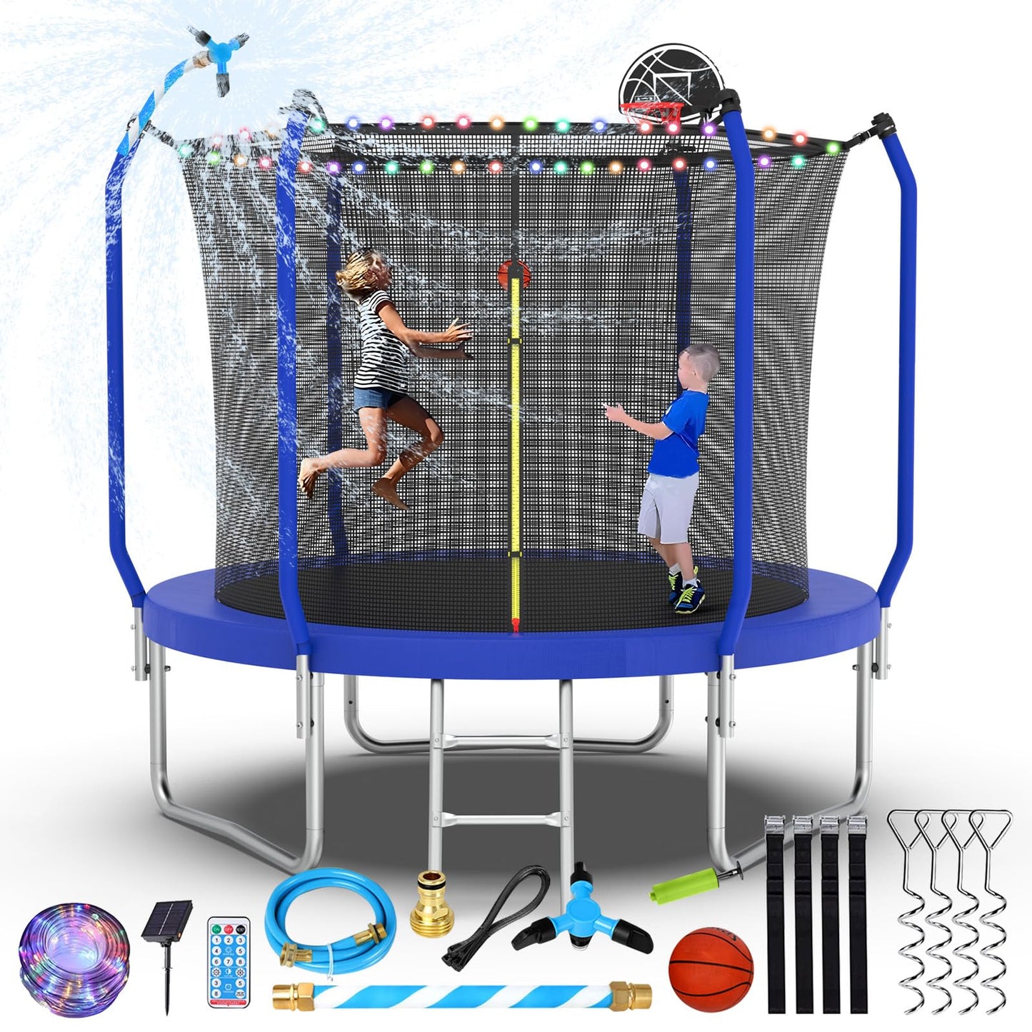Lyromix Upgraded 8FT Trampoline for Kids and Adults, Large Outdoor Trampoline with Basketball,Stakes, Light, Sprinkler,Basketball Hoop and Net, Capacity for 3-5 Kids and Adults, Royal Blue