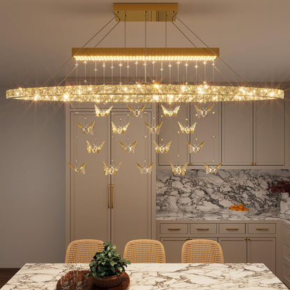 WOSOHYUN 40 Inch Gold Crystal Butterfly Chandelier, Adjustable Hanging Linear Chandeliers, Oval Rings Chandelier for Dining Room, Living Room, Foyer