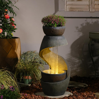 Takamota Outdoor Water Feature Patio Fountain with LED Lights, 31.9" Resin Garden Waterfall Fountain Outdoor, Modern S-Shaped Bowl Design Water Feature for Porch, Garden, Yard, Home Decor, Grey
