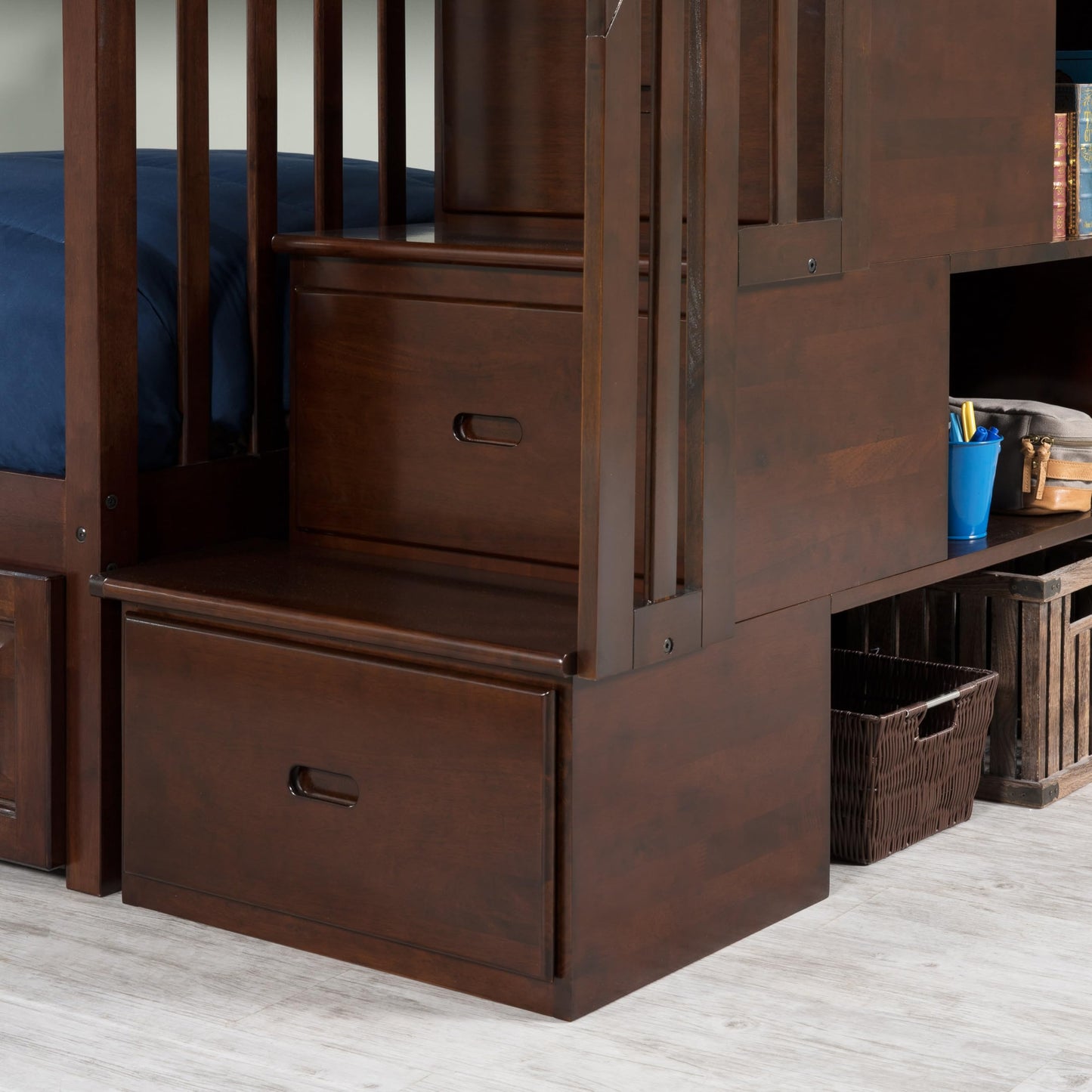 AFI, Columbia Staircase Bunk Bed Twin Over Full with Twin Raised Panel Trundle, Walnut