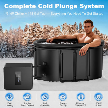 Cold Plunge Chiller & Ice Bath Tub Kit, 1/3HP Ice Bath Chiller with Built-in Pump & Filter, Large Touchscreen, 148gal XXL Cold Plunge Tub with Water Chiller for Outdoor Recovery Cold Therapy