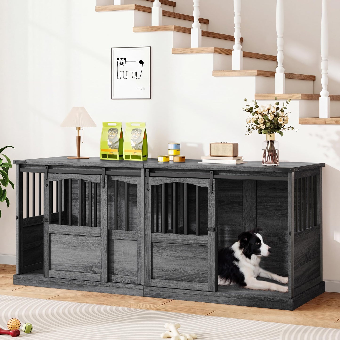 Homiflex Double Dog Crate Furniture with Barn Sliding Doors, 72" Large Dog Kennel Furniture Indoor with Divider for 2 Medium Large Dogs, Heavy Duty Wooden Dog Cage Decorative TV Stand, Grey