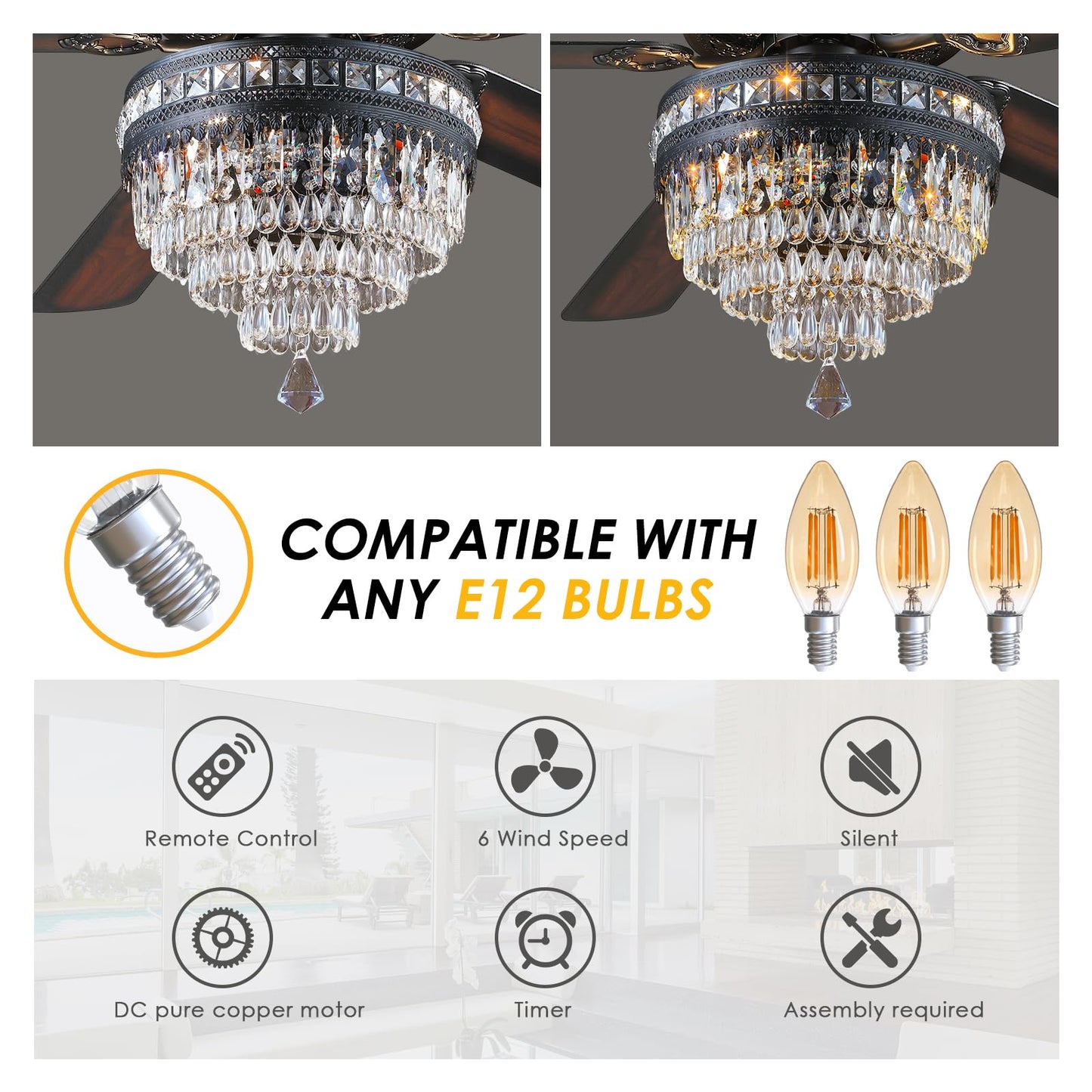 Asyko 62" Crystal Ceiling Fan Fandelier with Lights - Black Modern Crystal Chandelier Fans with Remote Control，Noiseless DC Motor, Retro/Farmhouse Lighting, Dining Room， Living Room