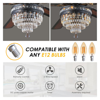 Asyko 62" Crystal Ceiling Fan Fandelier with Lights - Black Modern Crystal Chandelier Fans with Remote Control，Noiseless DC Motor, Retro/Farmhouse Lighting, Dining Room， Living Room