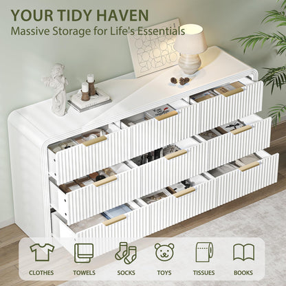 Decofy Fluted 9 Drawers Dresser, 63'' Wide Modern Chest of Drawers with Round Edge & Metal Handle, Wood Drawer Organizer for Bedroom, Living Room, White