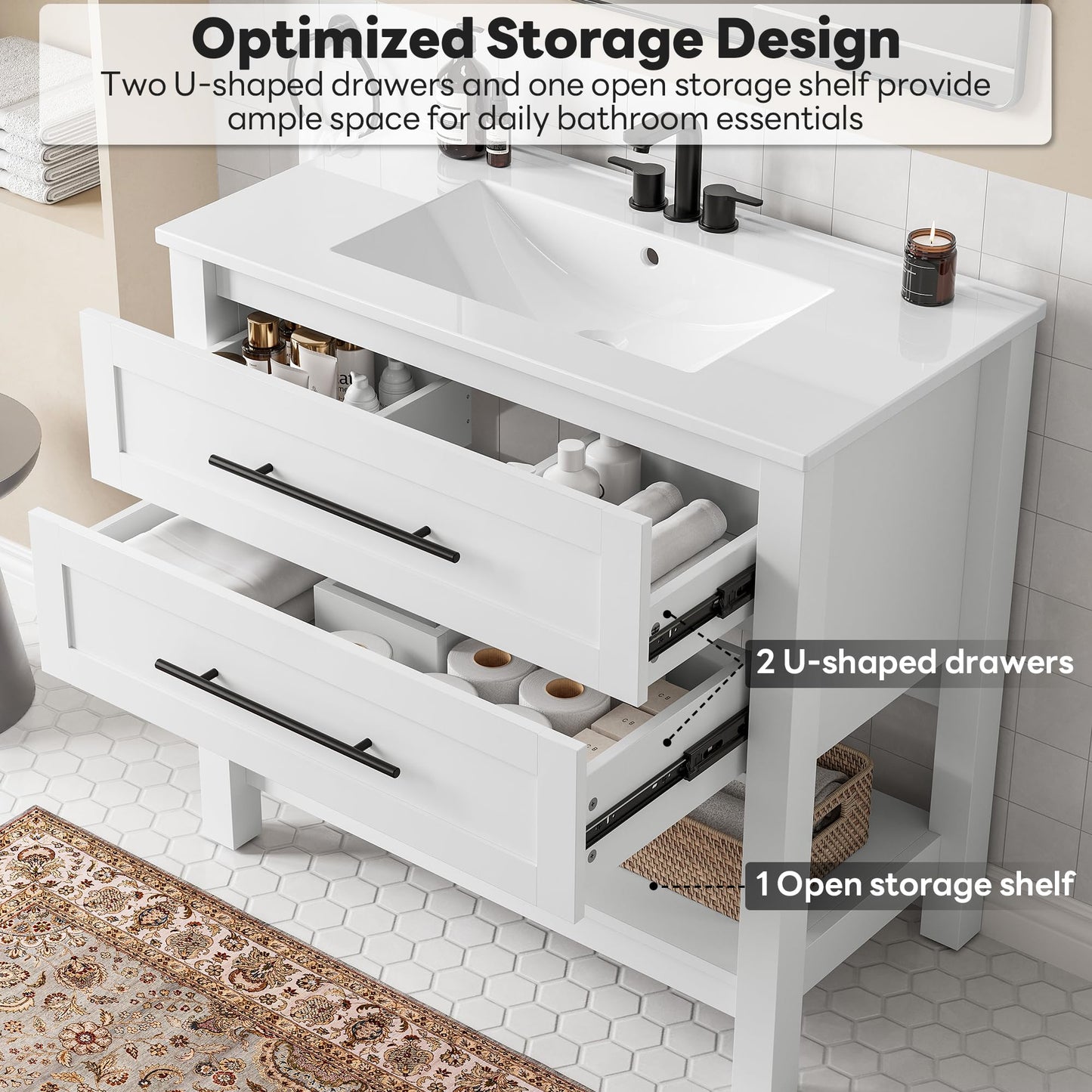 LIKIMIO 36" Bathroom Vanity with Sink, Freestanding Bathroom Vanity with 2 U-Shaped Drawers & Open Shelf, Integrated Ceramic Sink, Modern Bathroom Storage Cabinet, Easy Assembly, White