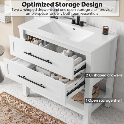 LIKIMIO 36" Bathroom Vanity with Sink, Freestanding Bathroom Vanity with 2 U-Shaped Drawers & Open Shelf, Integrated Ceramic Sink, Modern Bathroom Storage Cabinet, Easy Assembly, White
