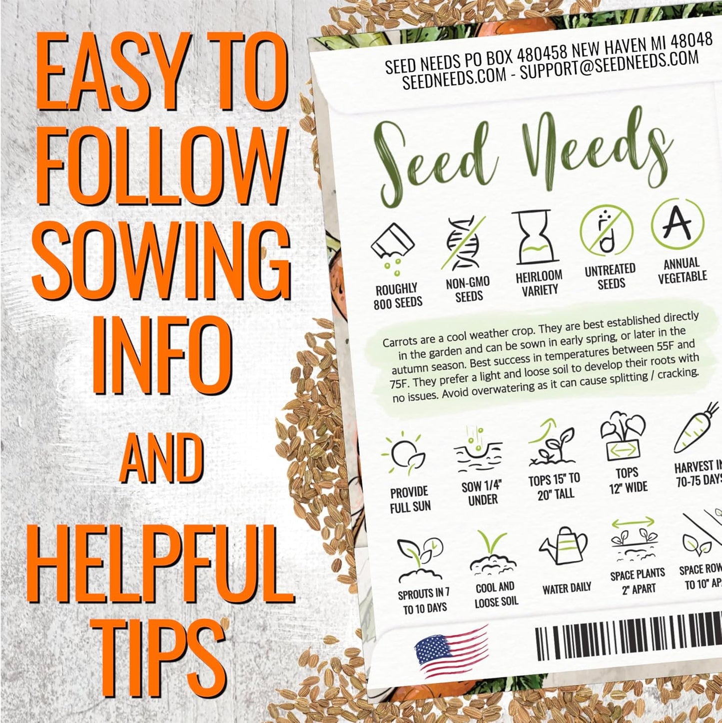 (1 Pack) Seed Needs Carrot Seeds for Planting Tendersweet Carrots - Non-GMO Heirloom & Untreated Vegetable Seed