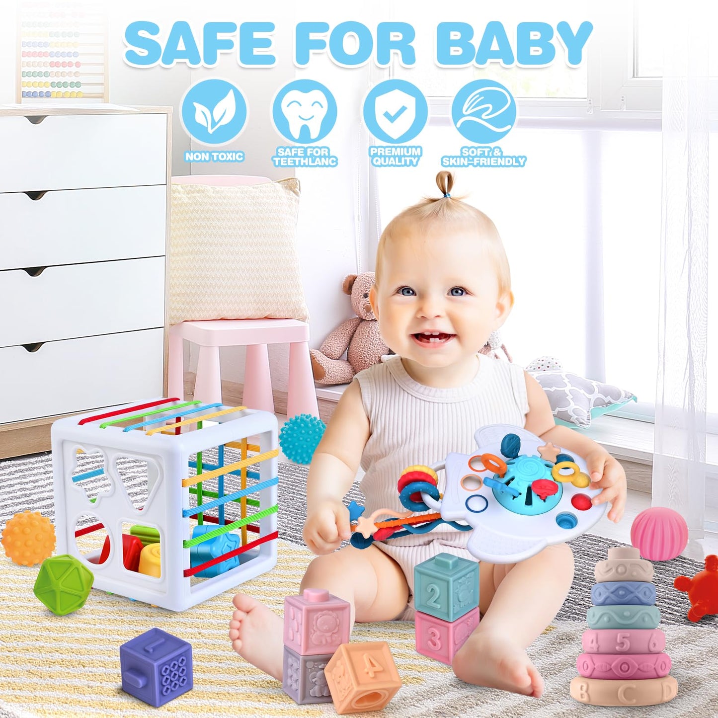 Springflower 5 in 1 Montessori Toys for Babies 0-3-6-12 Months, Soft Baby Teething Toys, Sensory Bin Toy, Stacking Building Blocks & Rings Infants,Developmental Toddler,Gift 12-18 Months