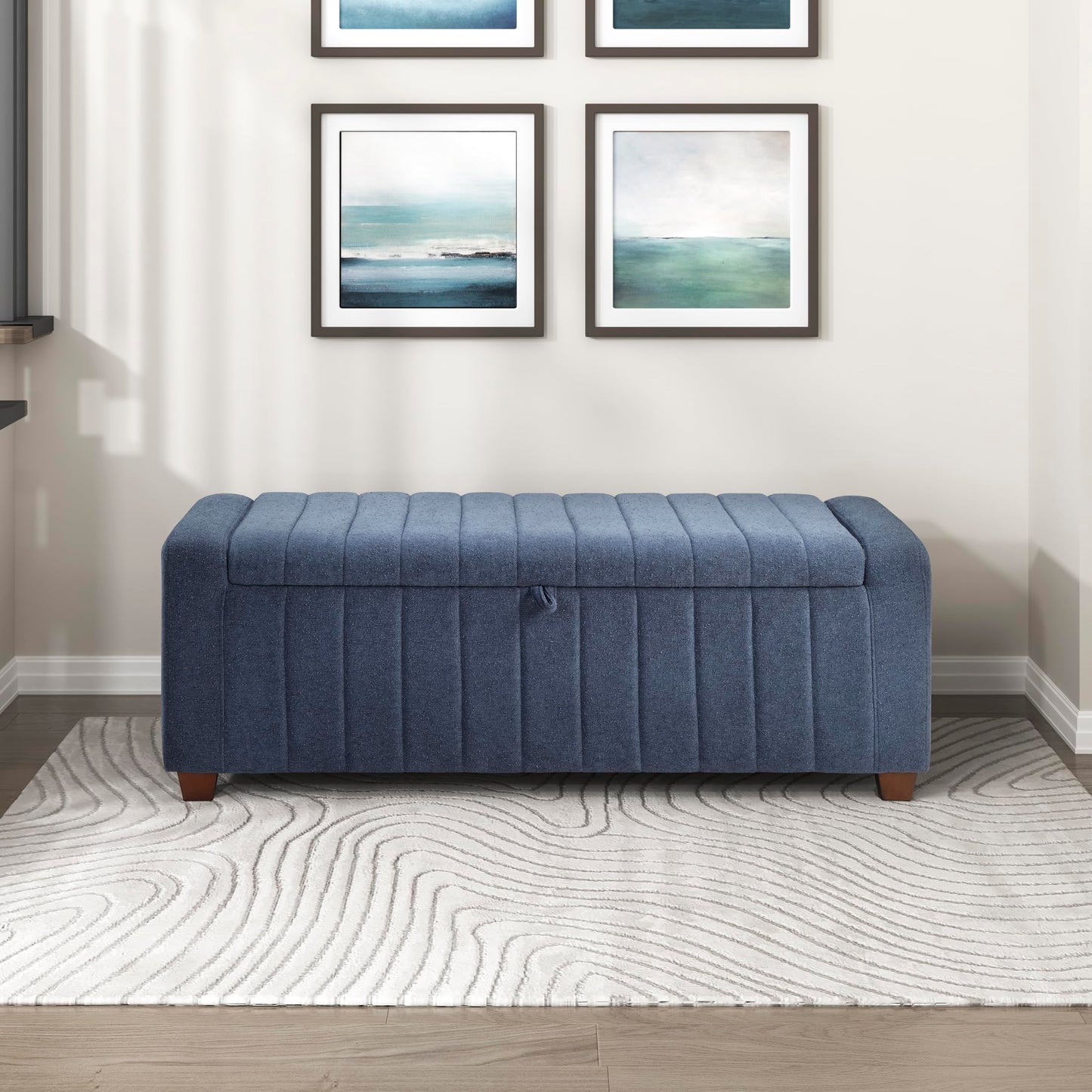Lexicon Storage Bench, Modern Striped Boucle Upholstered Entryway Bench with Solid Wood Leg Support, Storage Chest for Entryway/Living Room/Bedroom, Blue