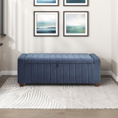 Lexicon Storage Bench, Modern Striped Boucle Upholstered Entryway Bench with Solid Wood Leg Support, Storage Chest for Entryway/Living Room/Bedroom, Blue