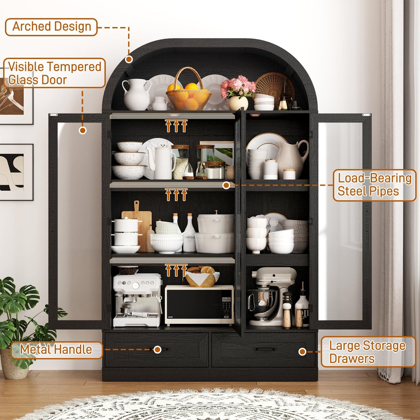 73" Tall Arched Kitchen Pantry Cabinet w Load-Bearing Steel Pipe,Modern Farmhouse Kitchens Storage Cabinet with Drawer and Glass Doors,Tall Arched Bookcase,Pantry Organizer(Woodgrain Black)