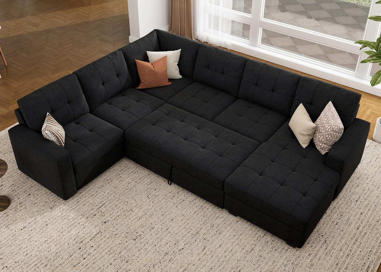 HONBAY Sectional Sleeper Sofa with Pull Out Bed, Sleeper Sectional Couch for Living Room, Sleeper Sofa Bed with Storage Chaise, Velvet Black