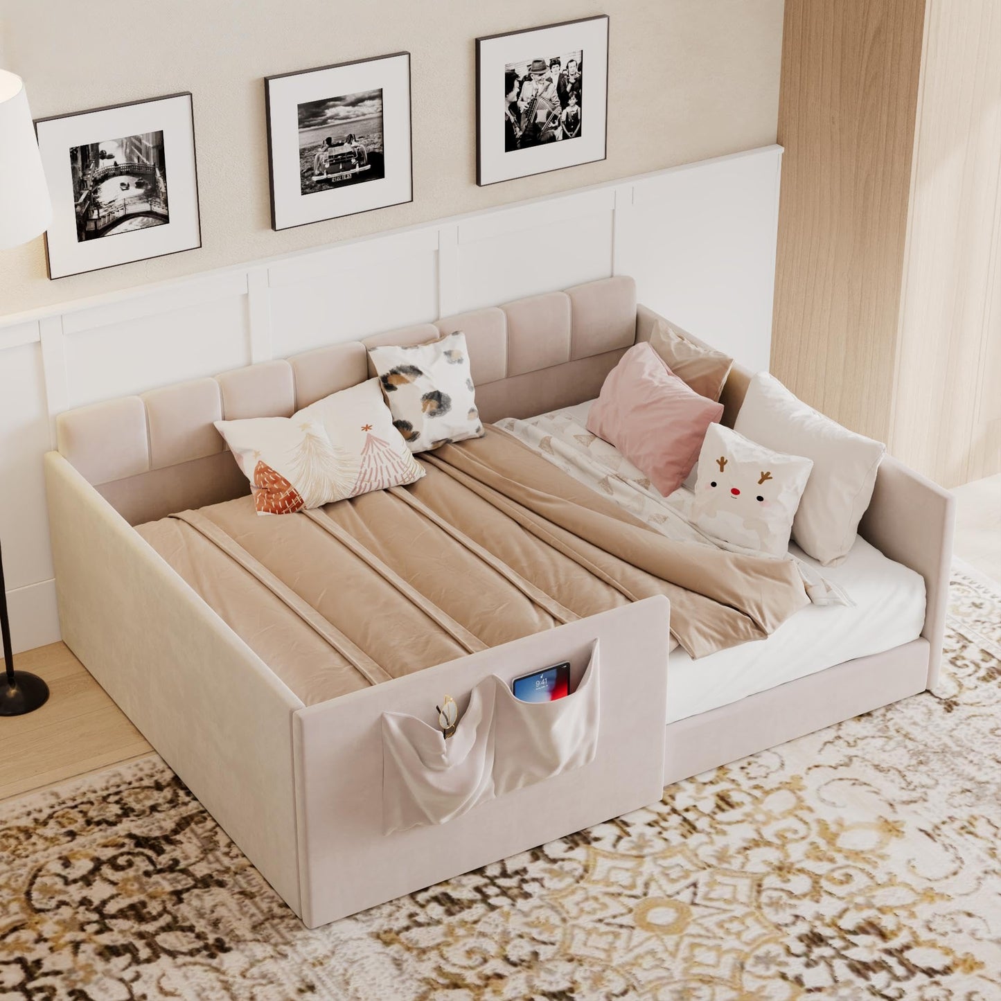 Merax Full Daybed Velvet Upholstered Sofa Bed with High Guardrail and Side Entrance, Space-Saving Full Floor Day Bed with Storage Pockets for Guest Room Apartment, Easy Assembly, Noise-Free, Pink