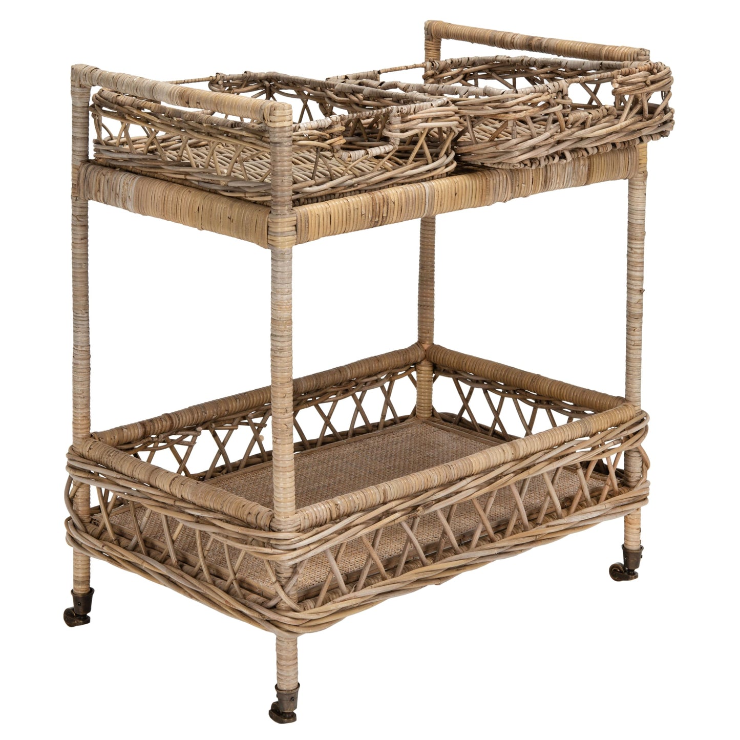 Safavieh Home Collection Ambrose BCT6500A Grey Wash and Antique Brass 2 Tier Rattan Bar Cart