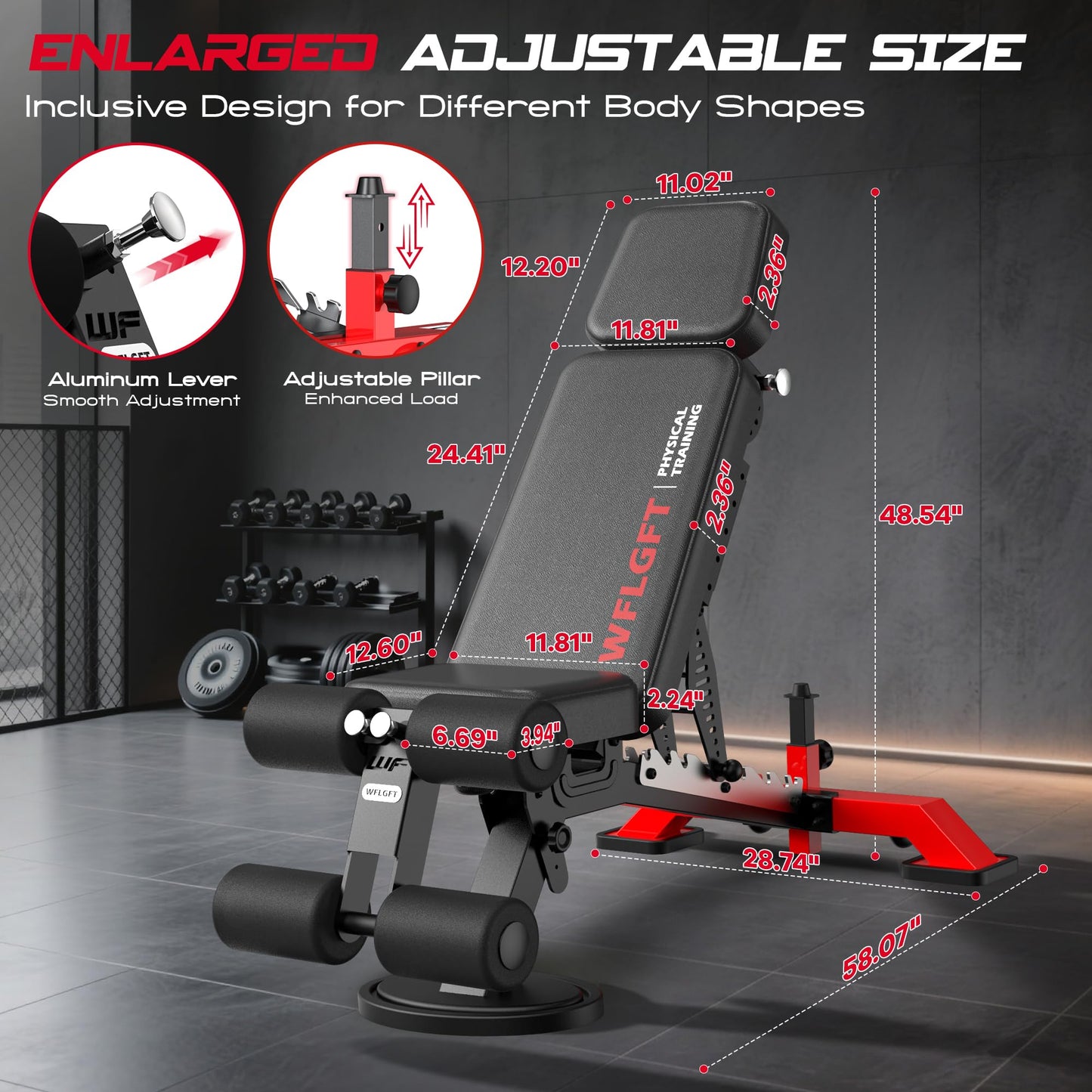 WFLGFT Commercial Adjustable Weight Bench, Heavy Duty 1800LBS Workout Bench for Home Gym, Flat, Decline, Incline Bench Press with Removable Leg and Elbow Support for Full Body Strength Training