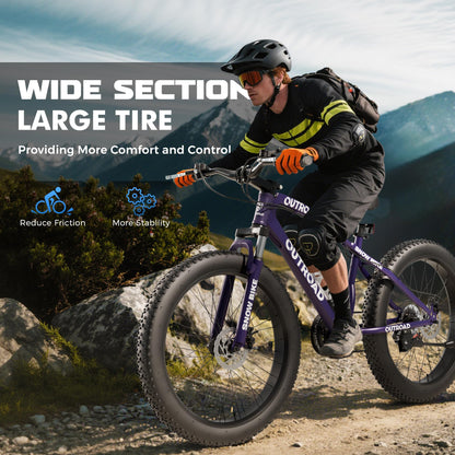 Incbruce 26 Inch Fat Tire Mountain Bike, High Carbon Steel Frame, 21 Speed MTB with Dual Disc Brakes for Men/Women/Adults (Purple)