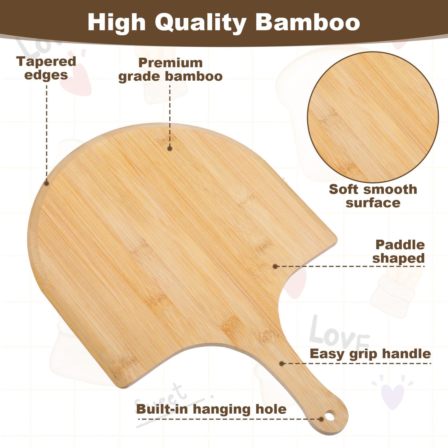 Afcabakila 2 Pcs Bamboo Pizza Paddle, 12 Inch Wooden Pizza Peel with Non-slip Handle for Oven Baking, Serving Board for Baking Homemade, Wood Cutting Board for Cheese Bread Fruit Vegetables